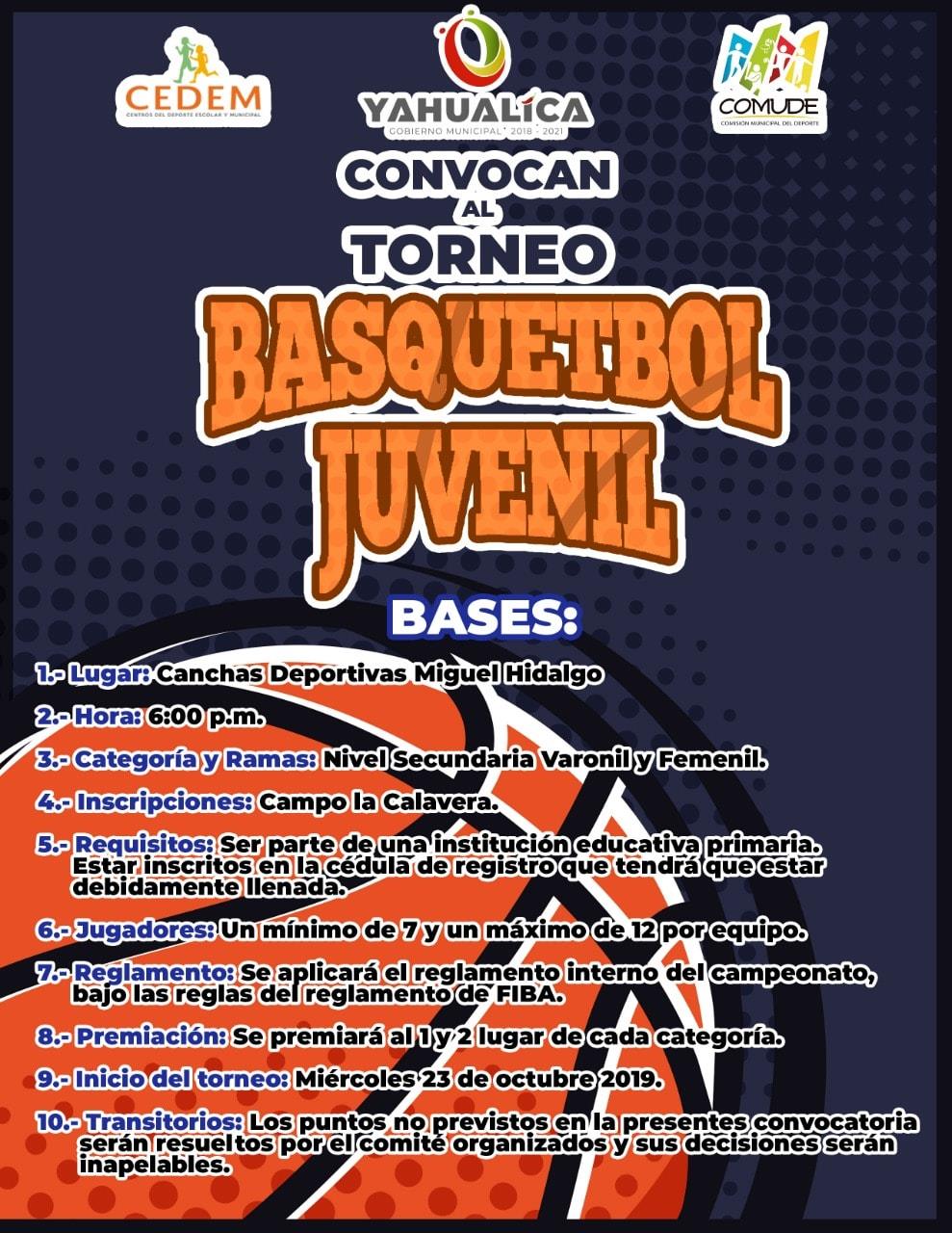 Te invitamos al Torneo de Basquetbol Juvenil Nivel Secundaria. – Yahualica  2021 – 2024
